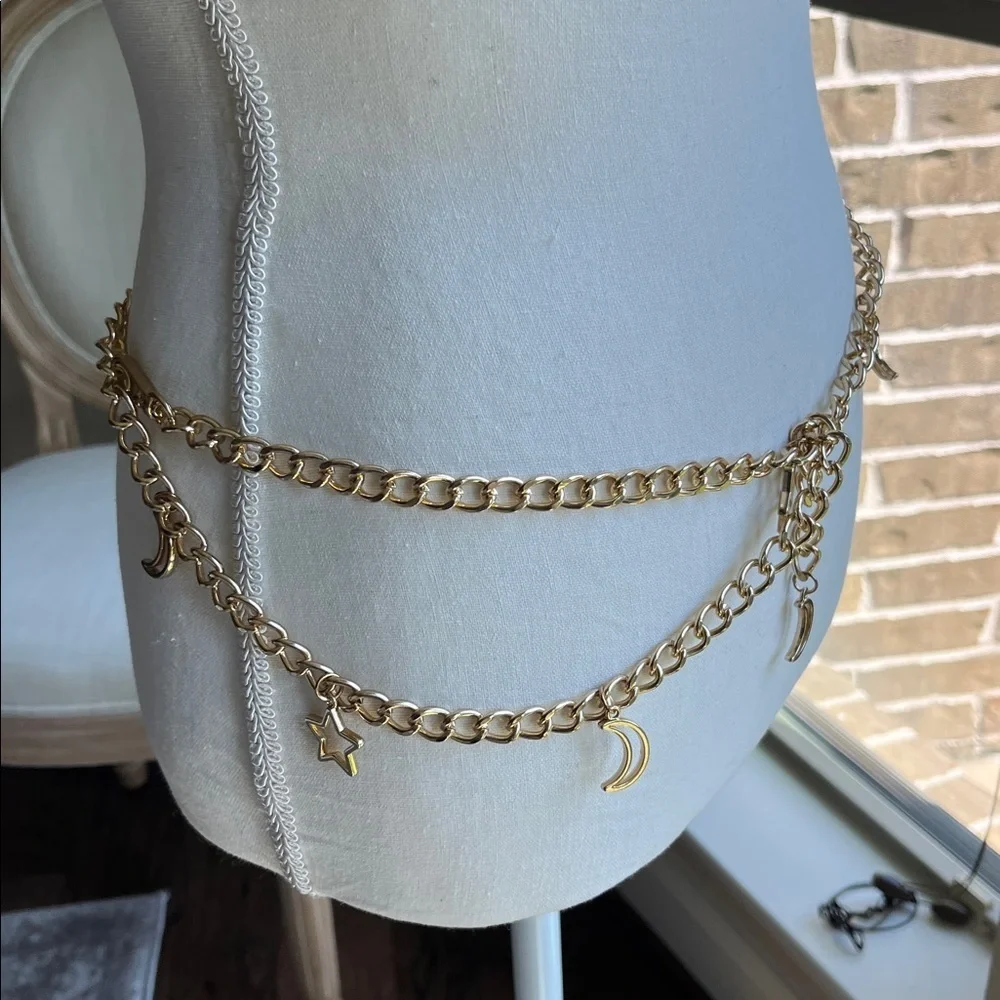 Gold Tone Chain Belt with Star and Moon Charms Celestial